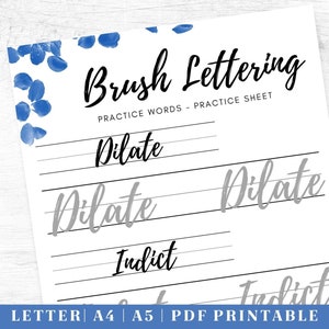 Pode incluir: Uma folha de pr&aacute;tica de caligrafia com pincel imprim&iacute;vel com as palavras "Dilate" e "Indict" escritas em preto e cinza. A folha tem um desenho floral azul no canto superior esquerdo e o texto "Brush Lettering" no topo.