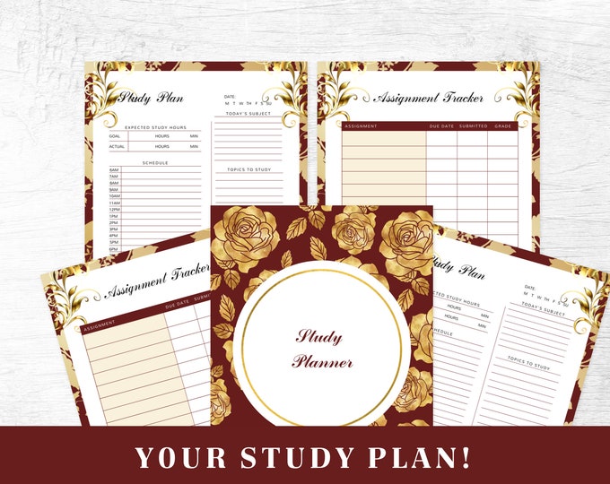 Study Planner Printable | Red and Gold Assignment Tracker | Digital Download | Printable Planner | US Letter, A4, A5 Journal Template | PDF