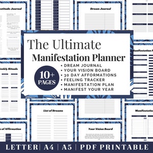 Diario de manifiesto imprimible / Planificador de gratitud azul / Descarga digital / Planificador imprimible / Plantilla de diario en formato carta de EE. UU., A4, A5 / PDF