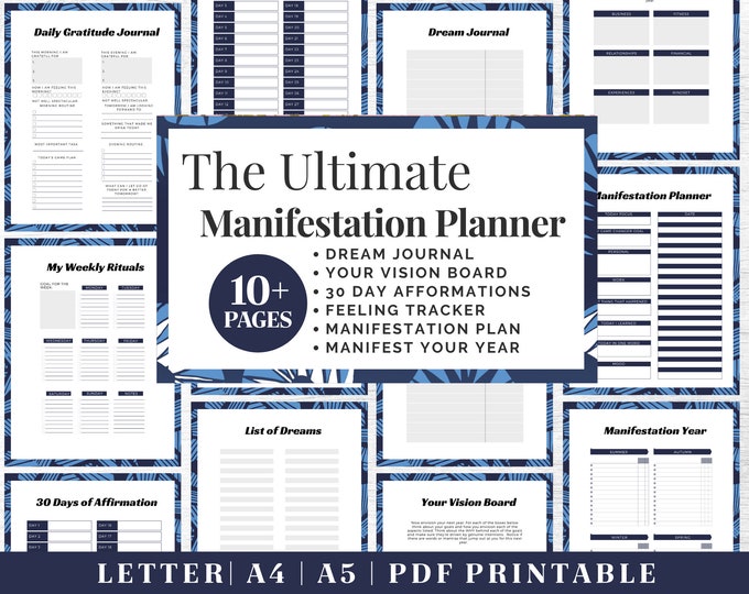 Manifest Journal Printable | Blue Gratitude Planner | Digital Download | Printable Planner | US Letter, A4, A5 Journal Template | PDF