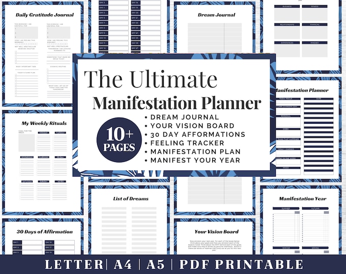 Manifest Journal Printable | Blue Gratitude Planner | Digital Download | Printable Planner | US Letter, A4, A5 Journal Template | PDF