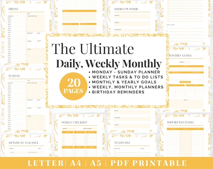 Productivity Planner Printable | Daily Organization Planner | Digital Download | US Letter, A4, A5 Journal Template | PDF