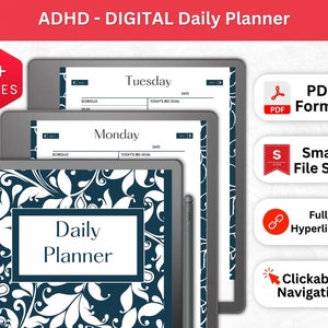 Op de afbeelding: Een digitale dagelijkse planner voor mensen met ADHD. De planner heeft een donkerblauwe achtergrond met een wit bloemenpatroon. De omslagpagina zegt "Daily Planner". De planner is beschikbaar in PDF-formaat en is volledig hyperlinked met klikbare navigatie.