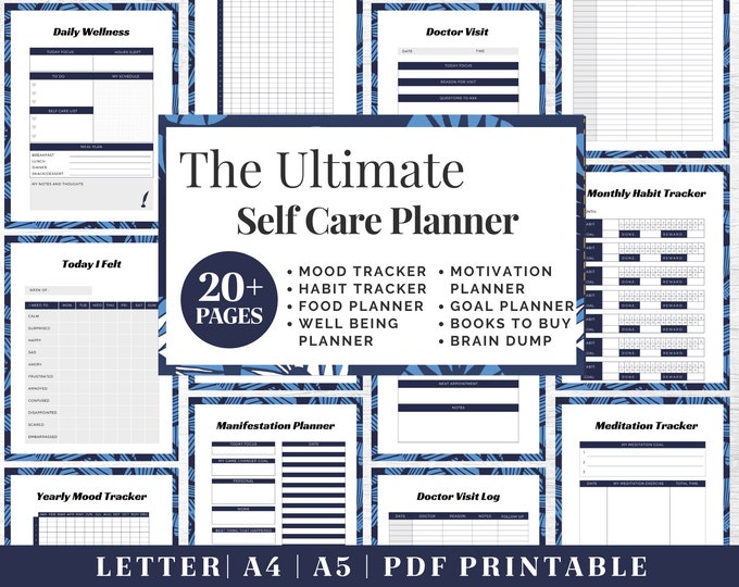 Self-Care Journal Printable | Blue Wellness Planner | Digital Download | Printable Planner | US Letter, A4, A5 Journal Template | PDF