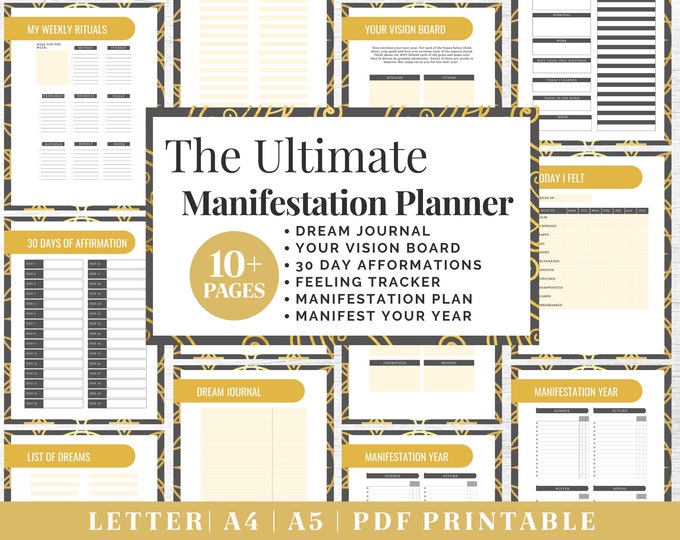 Manifest Journal Printable | Gold Gratitude Planner | Digital Download | Printable Planner | US Letter, A4, A5 Journal Template | PDF