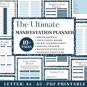 Diario de manifiesto imprimible / Planificador de gratitud azul y blanco / Descarga digital / Planificador imprimible / Plantilla de diario en formato carta de EE. UU., A4 y A5 / PDF