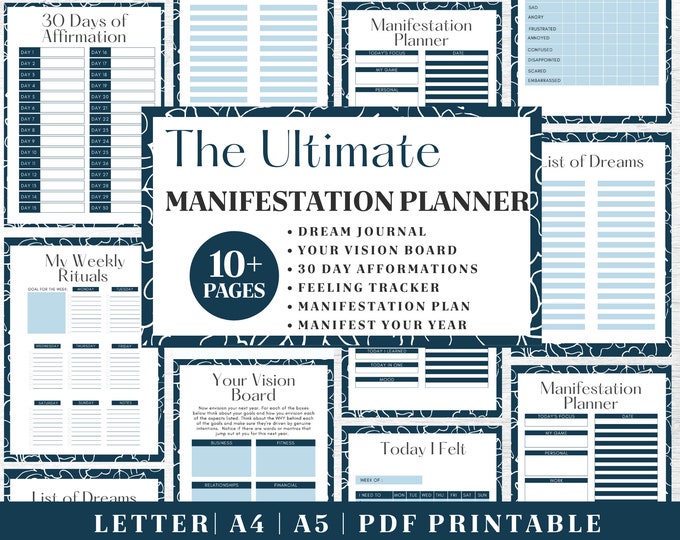 Manifest Journal Printable | Blue/White Gratitude Planner | Digital Download | Printable Planner | US Letter, A4, A5 Journal Template | PDF