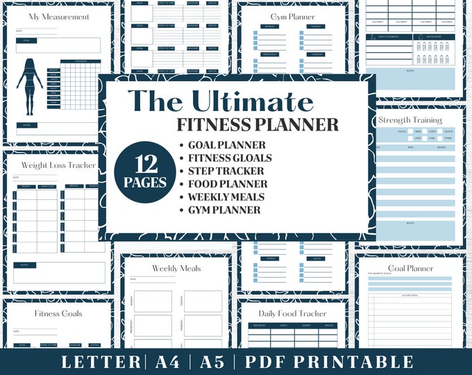 Fitness Planner Printable | Blue Healthy Habits Tracker | Digital Download | Printable Planner | US Letter, A4, A5 Journal Template | PDF