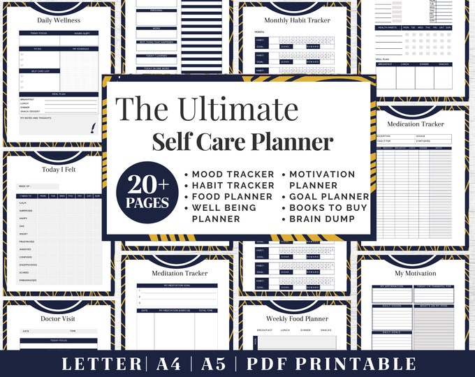 Self-Care Journal Printable | Blue/Yellow Wellness Planner | Digital Download | Printable Planner | US Letter, A4, A5 Journal Template | PDF