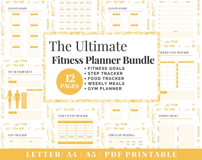 Fitness Planner Printable | Gold Healthy Habits Tracker | Digital Download | Printable Planner | US Letter, A4, A5 Journal Template | PDF