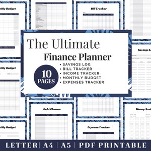 May include: A printable finance planner with a blue and white tropical leaf design. The planner includes 10 pages with sections for a monthly budget, savings log, bill tracker, income tracker, and expense tracker.