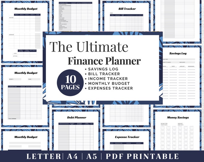 Finance Planner Printable | Light&Dark Blue Budget Tracker | Digital Download | Printable Planner | US Letter, A4, A5 Journal Template | PDF