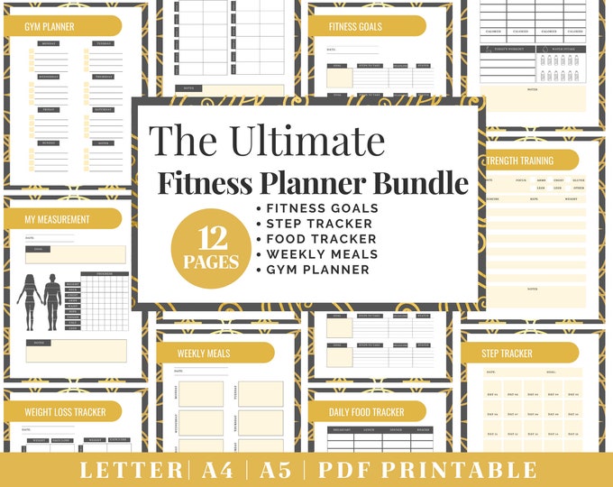 Fitness Planner Printable | Gold Healthy Habits Tracker | Digital Download | Printable Planner | US Letter, A4, A5 Journal Template | PDF