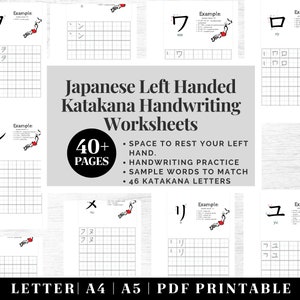 Caligrafia japonesa para impressão para canhotos | Rastreamento do alfabeto japonês | Folhas de exercícios de prática de letras japonesas | Aprendizagem de katakana para impressão