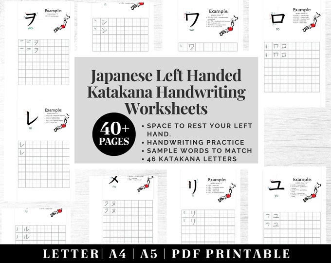 Printable Japanese Calligraphy Left Handed | Japanese Alphabet Tracing | Japanese Letters Practice Worksheets | Katakana Learning Printable