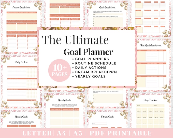 Goals Planner Printable | Pink & Gold Productivity Tracker | Digital Download | Printable Planner | US Letter, A4, A5 Journal Template | PDF