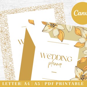 May include: A printable wedding planner with a gold and white floral design. The text "Wedding Planner" is in a modern font.