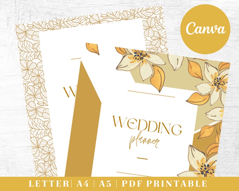 May include: A printable wedding planner with a gold and white floral design. The text "Wedding Planner" is in a modern font.
