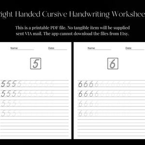 May include: Black and white printable worksheet for practicing cursive handwriting. The worksheet features the numbers 5 and 6 with lines for practicing writing the numbers.