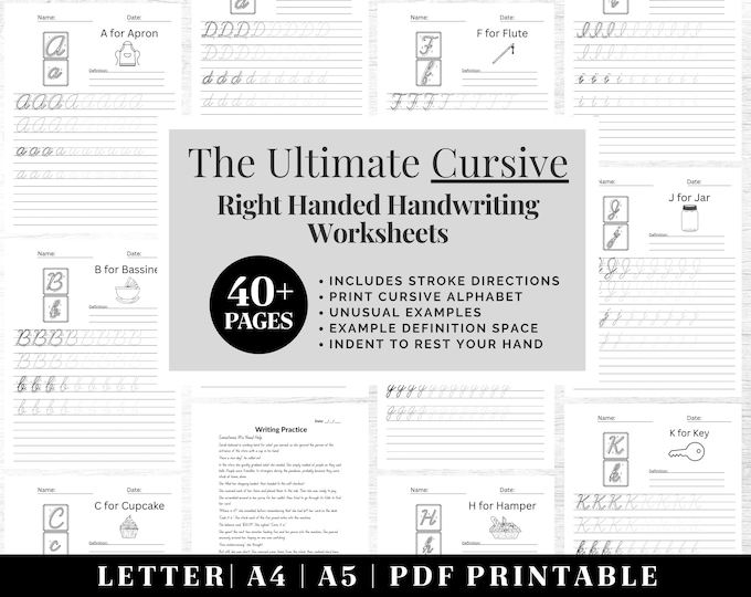 Handwriting Practice Worksheets | Printable Neat Handwriting Workbook | Right Handed Adult Hand Lettering Workbook | Penmanship Practice