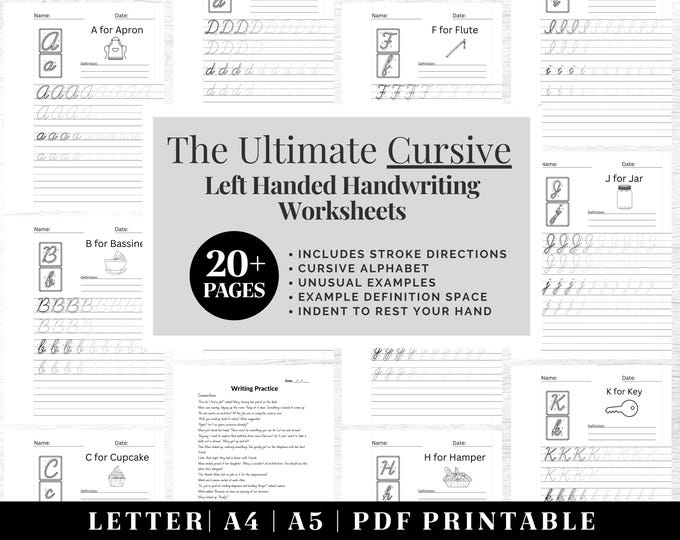Cursive Handwriting Practice Worksheets | Printable Neat Handwriting Workbook | Left Hand Adult Hand Cursive Workbook | Penmanship Practice
