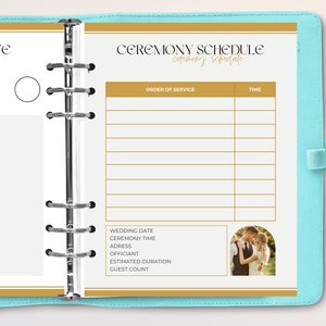 May include: A printable wedding ceremony schedule planner with gold accents. The planner includes sections for the order of service, time, wedding date, ceremony time, address, officiant, estimated duration, and guest count. A photo of a couple is included in the bottom right corner.