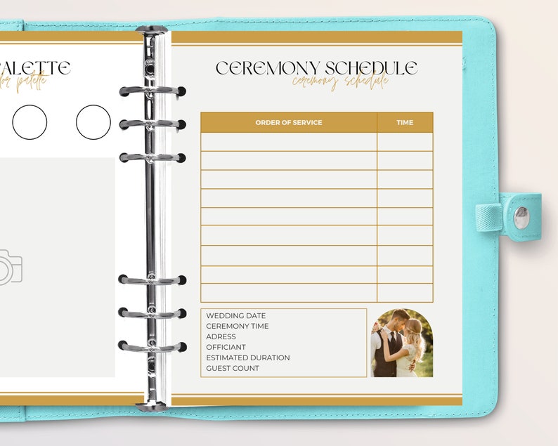 May include: A printable wedding ceremony schedule planner with gold accents. The planner includes sections for the order of service, time, wedding date, ceremony time, address, officiant, estimated duration, and guest count. A photo of a couple is included in the bottom right corner.