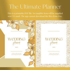 May include: Two printable wedding planner covers with a white background and gold floral designs. The text "Wedding Planner" is written in gold on both covers. The text "This is the start of something beautiful" is written in gold at the bottom of each cover.
