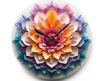 Artsy Flower Wall Clock, Colorful Paper Quilling Craft 3D Flower Mandala Print, Silent Numberless Analog Clock, Functional Art Home Decor