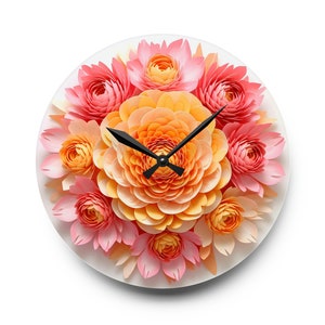 Peony Flower Wall Clock, Silent Numberless Acrylic/Plexiglass Clock with 3D Effect, Giant Floral Bouquet Mandala, Functional Art Home Decor