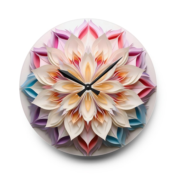 Mandala Wall Clock, Delicate Pastel Paper Quilling Flower Print with 3D Effect, Silent Numberless Analog Clock, Functional Art Home Decor