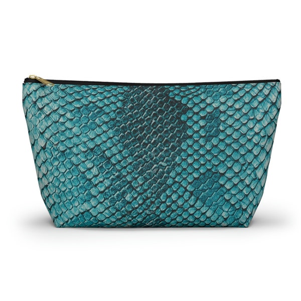 Teal Snakeskin Accessory Pouch with Blue-Green Faux Snake Scale Print, Makeup Cosmetics Toiletry Bag, Travel Packing Bag, Multi-Use, 2 Sizes