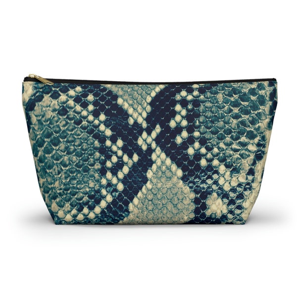 Green Snakeskin Accessory Pouch, Faux Snake Scale Print, Makeup Cosmetics Toiletry Bag, Travel Packing Bag, Multi Use Zipper Pouch, 2 Sizes