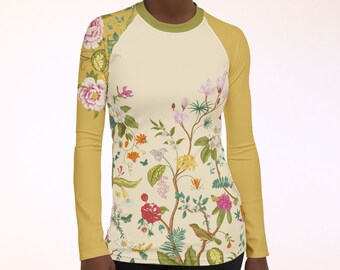 Floral UPF 50+ Rash Guard, Green & Harvest Yellow Vintage Chinoiserie Print, Soft Breathable Cooling UV Sun Protection Swim Sport Shirt