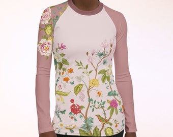 Floral UPF 50+ Rash Guard, Mauve Pink Vintage Chinoiserie Print, Soft Breathable Cooling UV Sun Protection Swim Gym Sport Athleisure Shirt