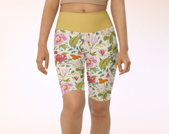 Floral UPF 50+ Swim Jammer Shorts with Pocket, Harvest Yellow & Chinoiserie Print, Soft Breathable UV Sun Protection Trunks for Gym SUP Surf