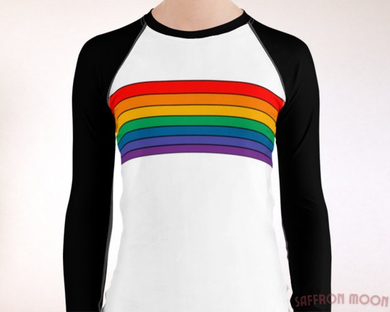 Retro Rainbow UPF 50+ Rash Guard, Black & White 70s Racer Stripe Baseball Shirt, Soft Breathable UV Sun Protection Swim Gym Sport Shirt