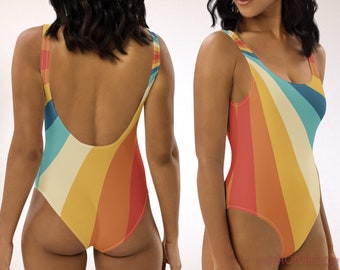 70s Groovy UPF 50+ Swimsuit, Teal Orange Red & Mustard Yellow Retro Rays, Soft Breathable One-Piece Bathing Suit, Scoop Back Bodysuit