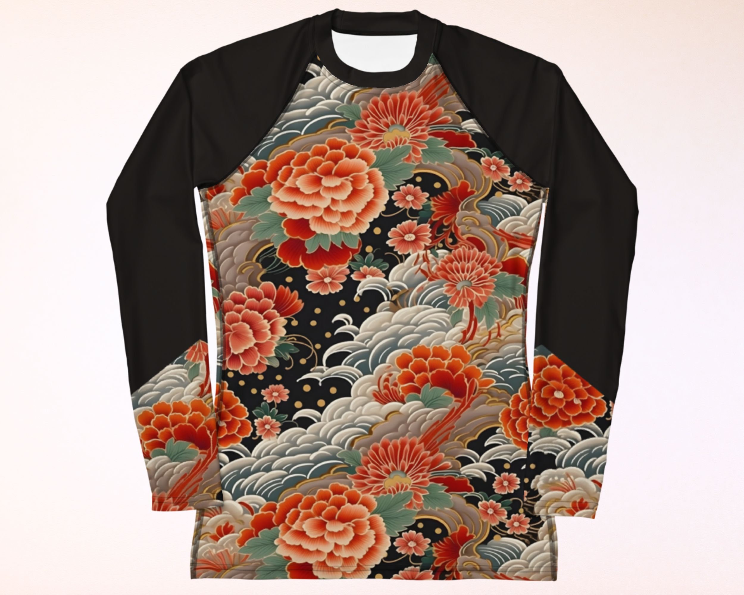 Japanese UPF 50+ Rash Guard, Black & Red Vintage Kimono Peony Floral ...