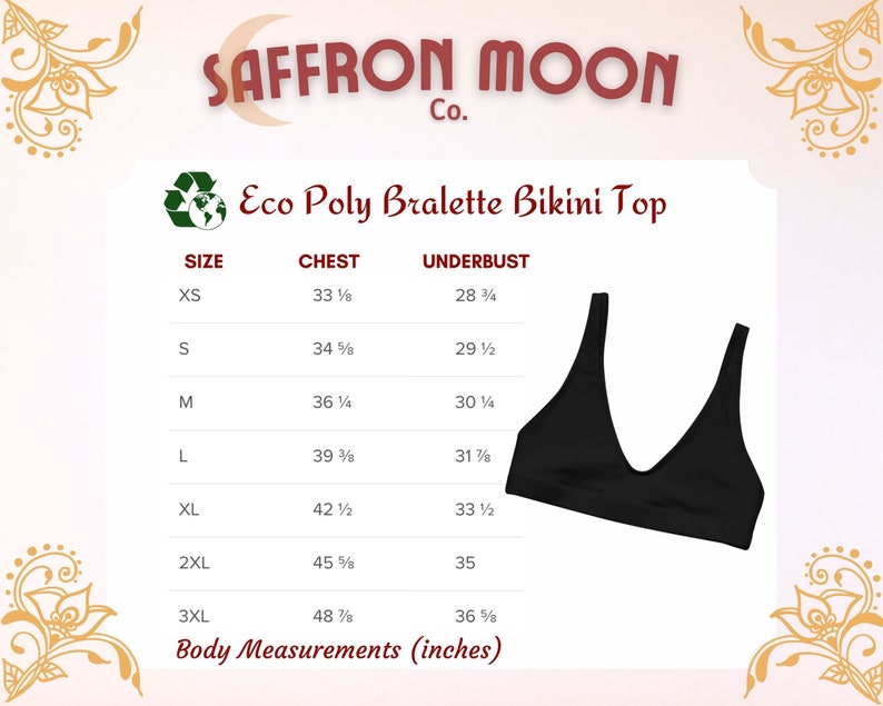May include: Size chart for a black bralette bikini top made from recycled materials. The chart shows sizes XS through 3XL with corresponding chest and underbust measurements in inches.