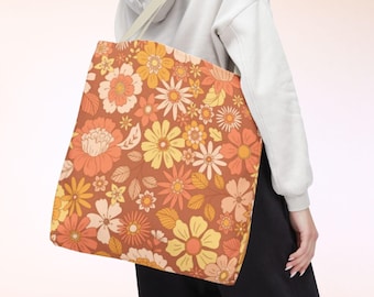 Retro Floral Tote Bag, 70s Orange Yellow Flower Print Shoulder Bag Day Purse, Bohemian Beach Bag, Reusable Shopping Bag, Cute Multi-Use Tote