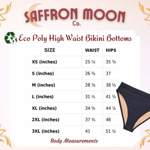 May include: Size chart for high-waisted bikini bottoms made from recycled materials. The chart shows sizes XS to 3XL with corresponding waist and hip measurements in inches.