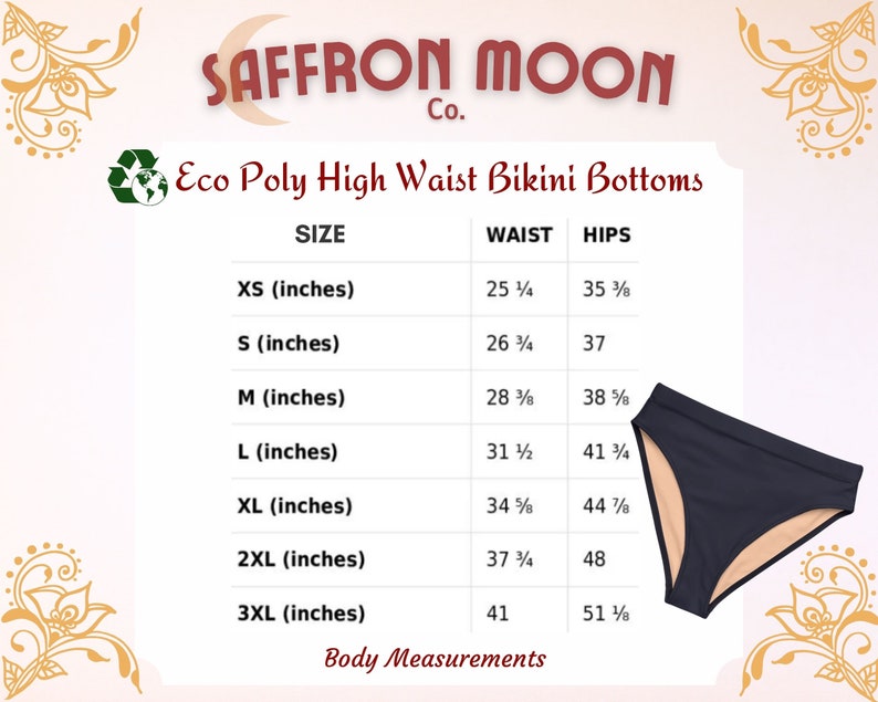 May include: Size chart for high-waisted bikini bottoms made from recycled materials. The chart shows sizes XS to 3XL with corresponding waist and hip measurements in inches.