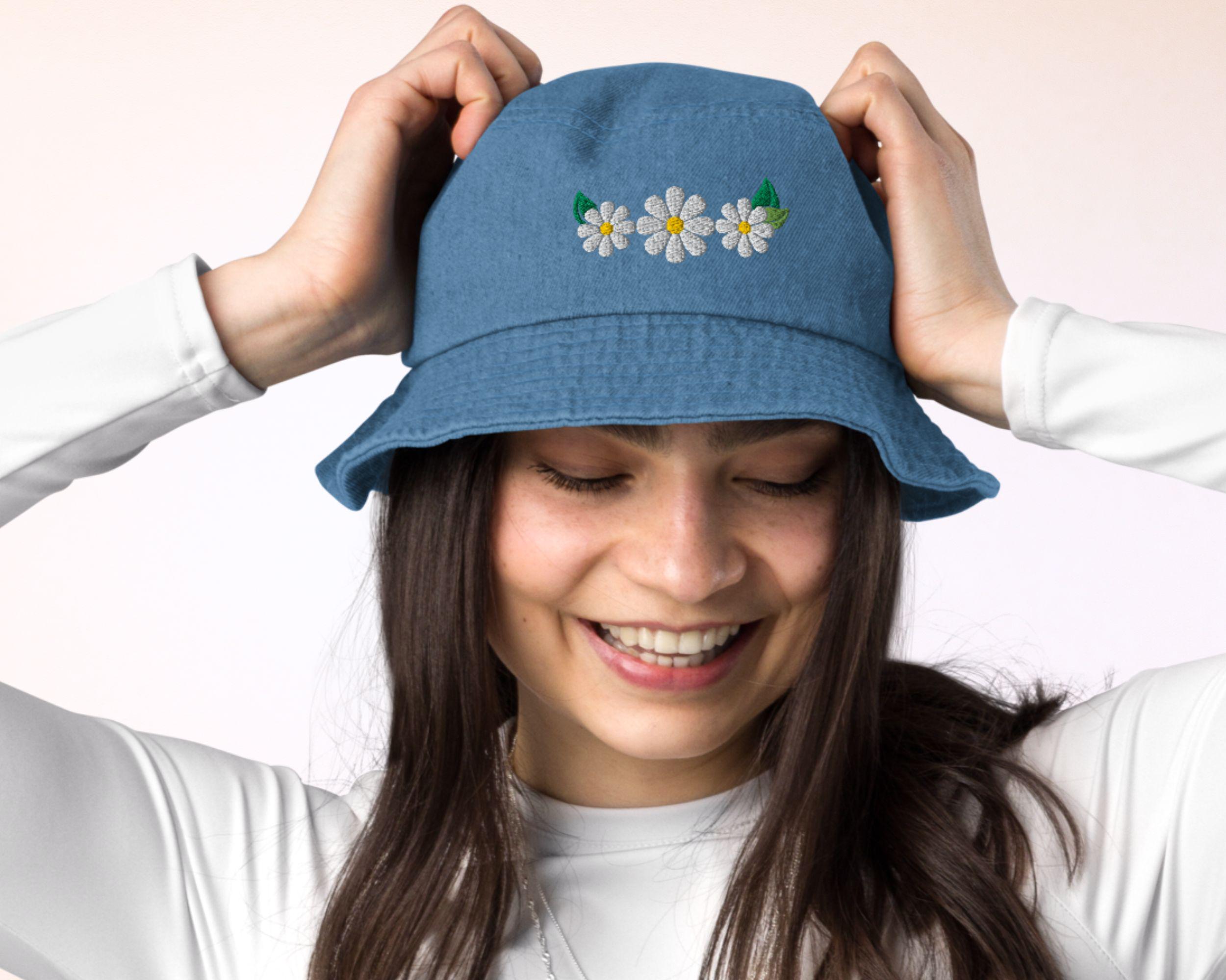 Denim Cotton Bucket Hat with Daisy Embroidery for Outdoor Activities Denim blue/flowers Embroidered Denim Bucket Hat for kids  main image 2
