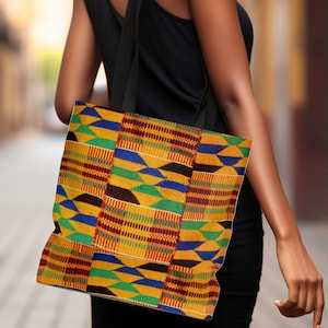 Ghana Kente Cloth Tote Bag, Gold Green Blue & Black Ethnic African Textile Print, Shoulder Bag, Unisex Day Purse, Reusable Shopping Bag