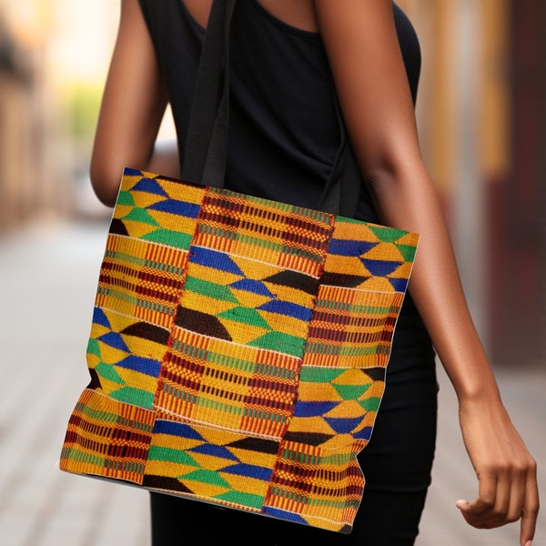 Ghana Kente Cloth Tote Bag, Gold Green Blue & Black Ethnic African Textile Print, Shoulder Bag, Unisex Day Purse, Reusable Shopping Bag