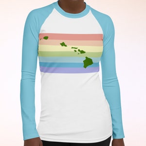 HAWAII Aloha UPF 50+ Rash Guard, Pastel Rainbow with Hawaiian Islands Map, Soft Breathable UV Sun Protection Swim Gym Athleisure Sport Shirt