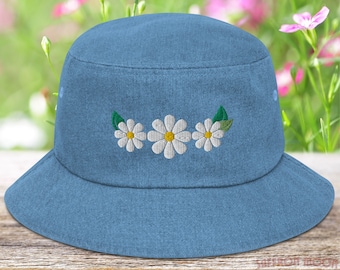 Embroidered Daisy Denim Bucket Hat: 60s Style Fringe Sun Hat  display picture 1