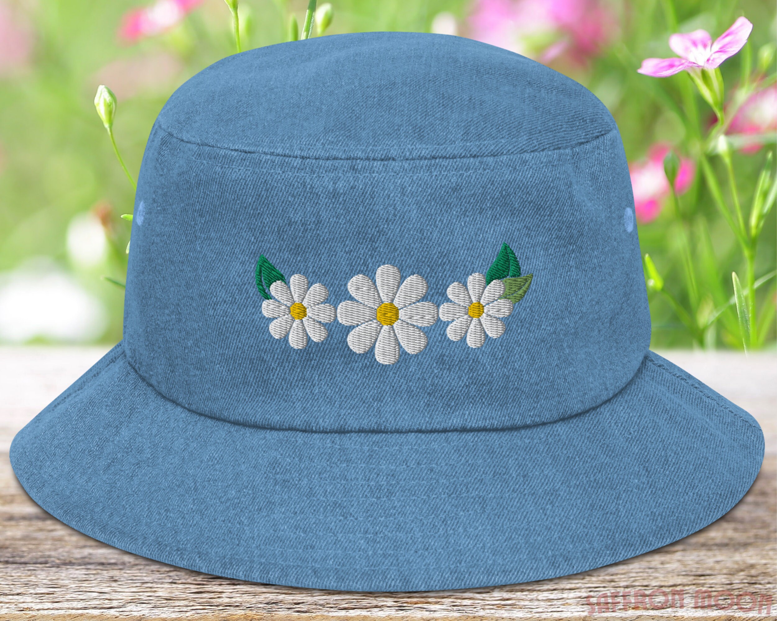 Denim Cotton Bucket Hat with Daisy Embroidery for Outdoor Activities Denim blue/flowers Embroidered Denim Bucket Hat for kids  main image 3
