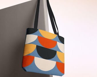 Midcentury Modern Tote Bag, Retro Shoulder Bag Purse, Black Orange Mustard Yellow Geometric Print, Reusable Shopping Bag, Multi-Use Tote